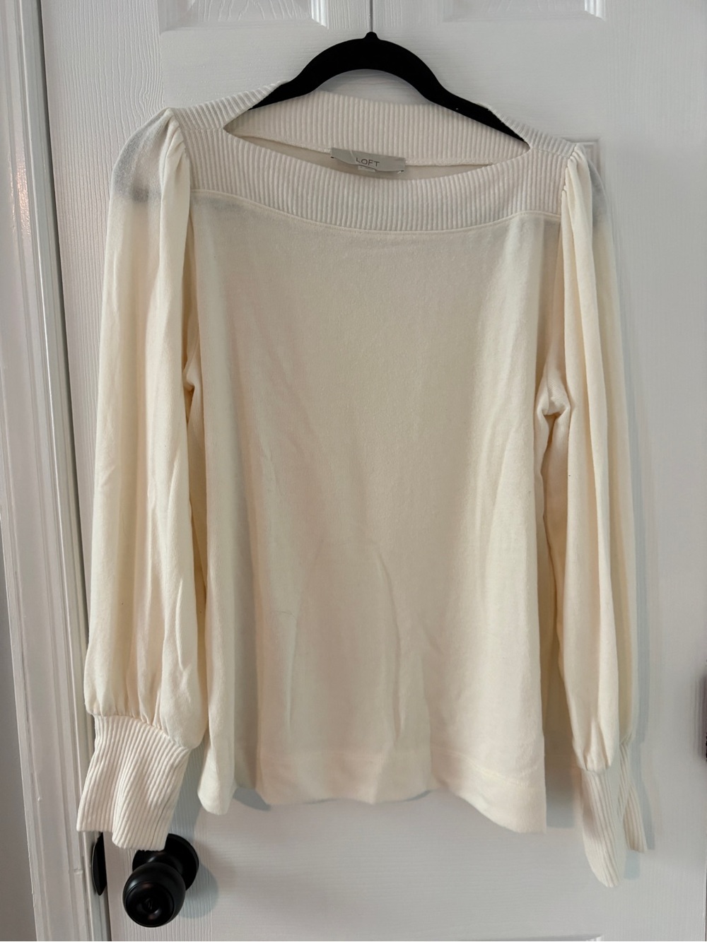 LOFT Cream Ribbed Square-Neck Long Sleeve Top with Puffed Sleeves